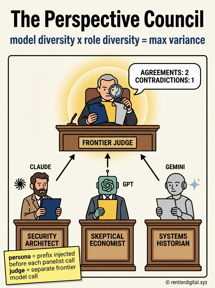 TITLE "The Perspective Council" + subtitle "model diversity x role diversity = max variance". Metaphor: courtroom with 3 separate witness stands facing an elevated judge bench. Style: Franco-Belgian ligne claire comic, thick ink outlines, flat color fills, 1980s bande dessinee aesthetic. Palette: deep blue #1A3A6B, warm yellow #F5C842, mid grey #CCCCCC, black #111111, cream #FAF8F0. Content: 3 witness stands labeled SECURITY ARCHITECT (Claude icon), SKEPTICAL ECONOMIST (GPT icon), SYSTEMS HISTORIAN (Gemini icon), each holding a color-coded document brief. Elevated judge bench labeled FRONTIER JUDGE (larger, centered) holding all 3 briefs with magnifying glass and speech bubble "AGREEMENTS: 2 / CONTRADICTIONS: 1". Arrows from each witness to judge. Highlight: judge bench is 2x larger than witness stands, surrounded by a golden halo glow. Legend: sticky note bottom-left "persona = prefix injected before each panelist call / judge = separate frontier model call". Footer: copyright rentierdigital.xyz. NOT flat corporate vector, NOT minimalist tech startup aesthetic, NOT stock diagram.