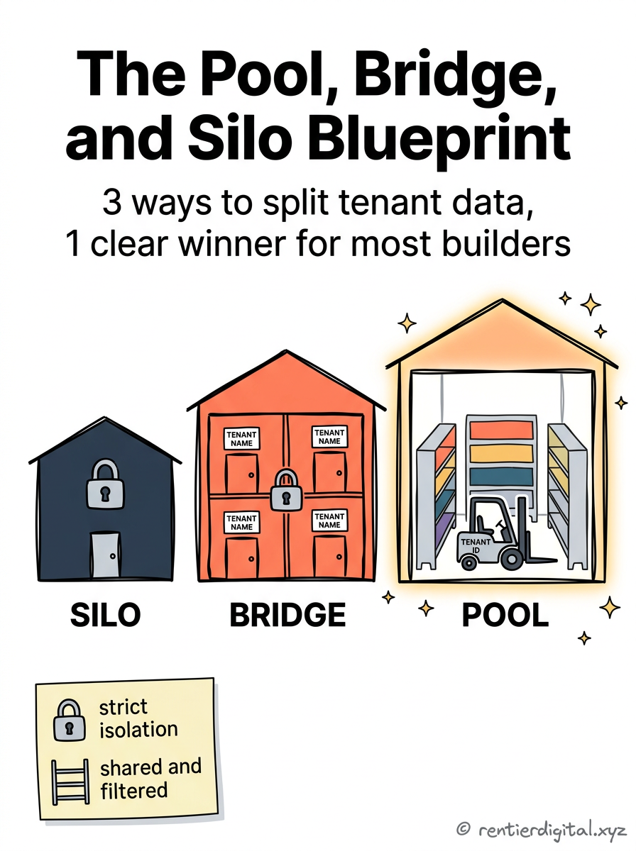 TITLE "The Pool, Bridge, and Silo Blueprint" + subtitle "3 ways to split tenant data, 1 clear winner for most builders". Metaphor: 3 warehouses side by side, 1 giant shared warehouse with labeled shelves, 1 warehouse split into locked inner rooms, and a row of separate small warehouses. Style: cartoon 90s Hanna-Barbera/Nickelodeon, thick black outlines, halftone dots, bouncy rounded shapes. Palette: mustard #F4C430, hot pink #FF3E7F, sky blue #4FC3F7, cream #FFF8E7, black #111111. Content: 3 labeled warehouses, SILO (1 small building per tenant, tiny door, heavy padlock), BRIDGE (1 building, locked inner rooms labeled by tenant name), POOL (1 open warehouse floor, shelves color coded by tenant, 1 shared forklift). Highlight: POOL warehouse glowing with a gold outline and small sparkle stars, forklift labeled TENANT ID. Legend: sticky note bottom left, lock icon means strict isolation, shelf icon means shared and filtered. Footer: © rentierdigital.xyz bottom-right, small, handwritten. NOT flat corporate vector, NOT minimalist tech startup aesthetic.