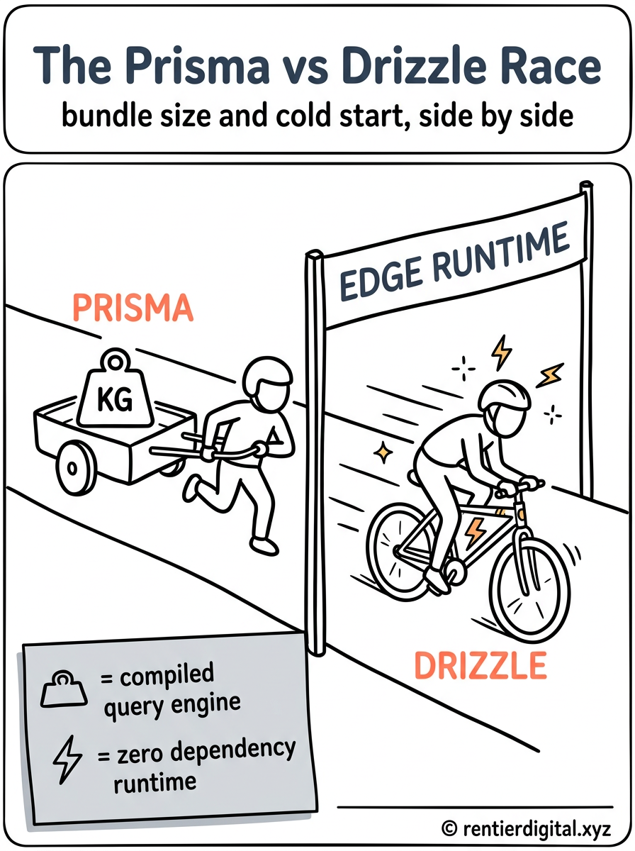 TITLE "The Prisma vs Drizzle Race" + subtitle "bundle size and cold start, side by side". Metaphor: 2 racers on a track, 1 hauling a heavy trailer, 1 on a light bike. Style: retro arcade 8-bit pixel art. Palette: mustard #F4C430, hot pink #FF3E7F, sky blue #4FC3F7, cream #FFF8E7, black #111111. Content: left racer labeled PRISMA pulling a trailer marked with a weight icon, right racer labeled DRIZZLE riding a light bike with a lightning bolt sticker, finish line labeled EDGE RUNTIME. Highlight: DRIZZLE racer glowing with speed lines and small lightning bolt sparkles. Legend: sticky note bottom left, trailer icon means compiled query engine, lightning icon means zero dependency runtime. Footer: © rentierdigital.xyz bottom-right, small, handwritten. NOT flat corporate vector, NOT stock infographic style.