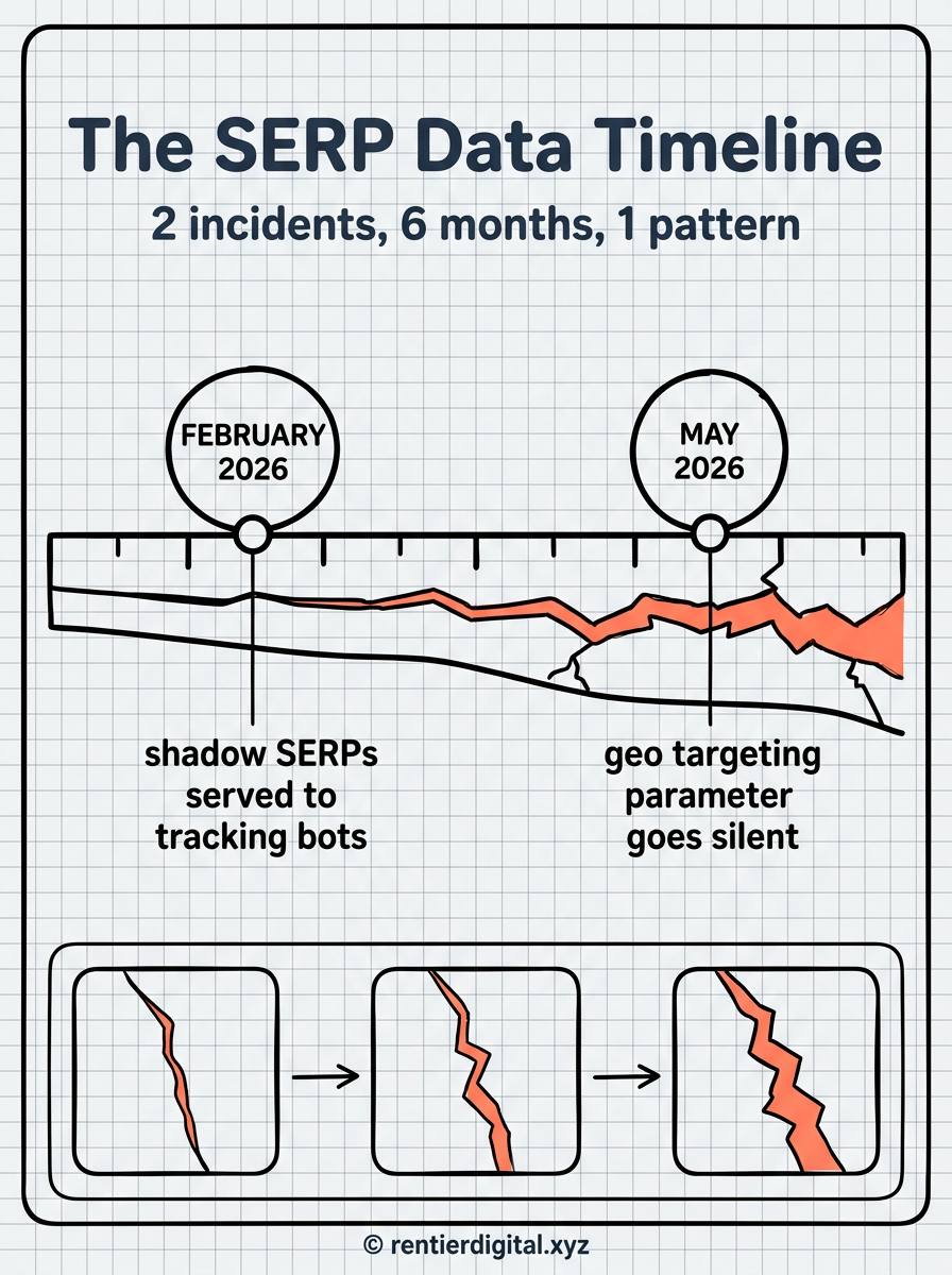 TITLE "The SERP Data Timeline" + subtitle "2 incidents, 6 months, 1 pattern". Metaphor: a cracking road or fault line running left to right through a calendar strip. Style: engineer blueprint, thin white technical lines on navy background, schematic look with grid paper texture. Palette: navy #14213D, amber #FCA311, muted red #C1121F, cream #F5F0E6, black #111111. Content: timeline with 2 markers, FEBRUARY 2026 labeled "shadow SERPs served to tracking bots" and MAY 2026 labeled "geo targeting parameter goes silent". A crack in the road grows visibly wider after each marker moving right. Highlight: the crack rendered in muted red, growing thicker toward the right edge. Legend: none. Footer: © rentierdigital.xyz. NOT flat corporate vector, NOT stock infographic aesthetic.