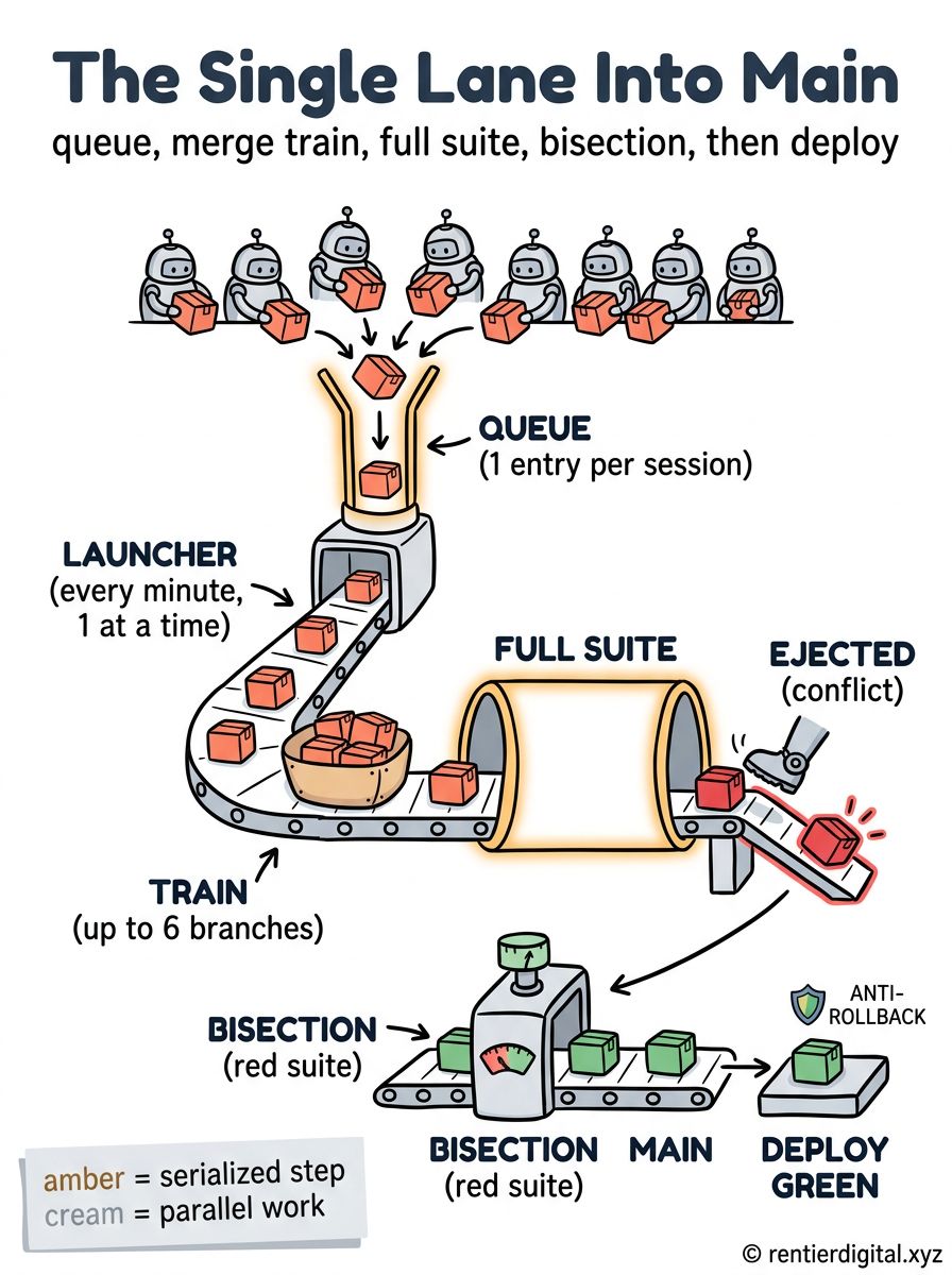 TITLE "The Single Lane Into Main" + subtitle "queue, merge train, full suite, bisection, then deploy". Metaphor: cartoon parcel factory where 8 small worker robots drop parcels into 1 narrow chute, a conveyor packs up to 6 parcels into a crate, the crate rolls through a big inspection tunnel, a mechanical boot kicks a jammed parcel onto a side ramp, and a split-and-retest machine separates a red parcel from the green ones before the crate reaches a loading dock. Style: cartoon 90's Hanna-Barbera, thick black outlines, halftone dots, bouncy rounded shapes. Palette: navy #14213D, amber #FCA311, muted red #C1121F, cream #FFF8E7, black #111111. Content: stations labeled QUEUE (1 entry per session), LAUNCHER (every minute, 1 at a time), TRAIN (up to 6 branches), FULL SUITE, EJECTED (conflict), BISECTION (red suite), MAIN, then DEPLOY LATEST GREEN with a small shield labeled ANTI-ROLLBACK. Highlight: the single chute and the FULL SUITE tunnel glow amber, the ejected parcel flashes muted red. Legend: sticky note bottom-left, "amber = serialized step / cream = parallel work". Footer: © rentierdigital.xyz, bottom right, small, handwritten. NOT flat corporate vector, NOT stock infographic.
