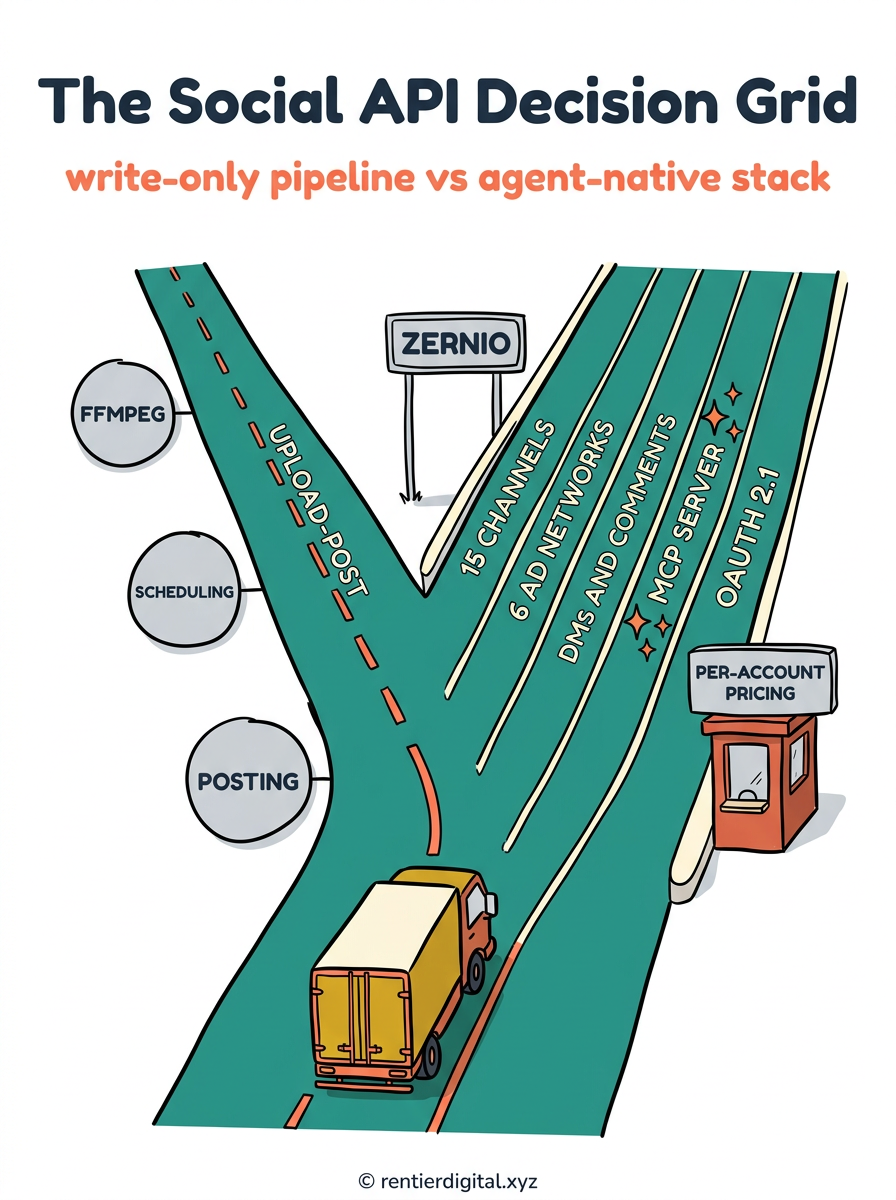 TITLE "The Social API Decision Grid" + subtitle "write-only pipeline vs agent-native stack". Metaphor: a road fork with 2 signposts, a delivery truck choosing between a paved simple road and a wider highway with extra lanes labeled ADS, DMS, MCP. Style: Franco-Belgian ligne claire comic, thick outlines, flat cel shading. Palette: mustard #F4C430, teal #2A9D8F, brick red #E76F51, cream #FFF8E7, black #111111. Content: left road labeled UPLOAD-POST with 3 milestones POSTING, SCHEDULING, FFMPEG. Right highway labeled ZERNIO with 5 lanes 15 CHANNELS, 6 AD NETWORKS, DMS AND COMMENTS, MCP SERVER, OAUTH 2.1. A toll booth on the right highway labeled PER-ACCOUNT PRICING. Highlight: the MCP SERVER lane glows with sparkle stars. Footer: © rentierdigital.xyz. NOT flat corporate vector, NOT stock infographic.