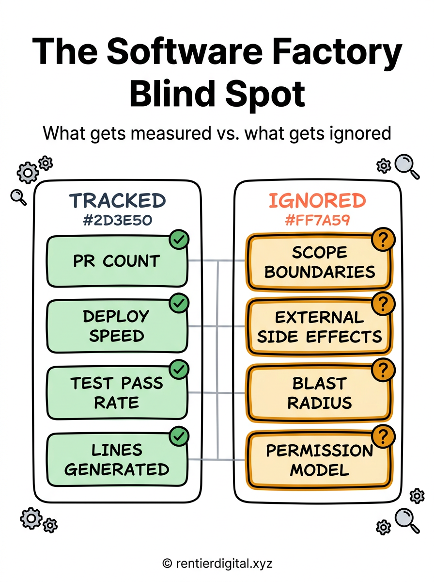 TITLE "The Software Factory Blind Spot" + subtitle "What gets measured vs. what gets ignored". Metaphor: two-panel dashboard side by side, left panel labeled "TRACKED" packed with green metric readouts, right panel labeled "IGNORED" showing empty amber slots with question marks. Style: engineer blueprint, monospace fonts, technical grid lines, architectural line weight. Palette: blueprint blue #1E3A5F, white #FFFFFF, amber #F59E0B, slate #64748B, off-black #0F172A. Content: TRACKED panel shows 4 metrics (PR COUNT, DEPLOY SPEED, TEST PASS RATE, LINES GENERATED); IGNORED panel shows 4 blank amber-outlined slots labeled SCOPE BOUNDARIES, EXTERNAL SIDE EFFECTS, BLAST RADIUS, PERMISSION MODEL. Highlight: IGNORED slots rendered visually heavier than TRACKED metrics, amber borders with bold question mark icons. Footer: © rentierdigital.xyz. NOT flat corporate vector, NOT minimalist startup aesthetic.