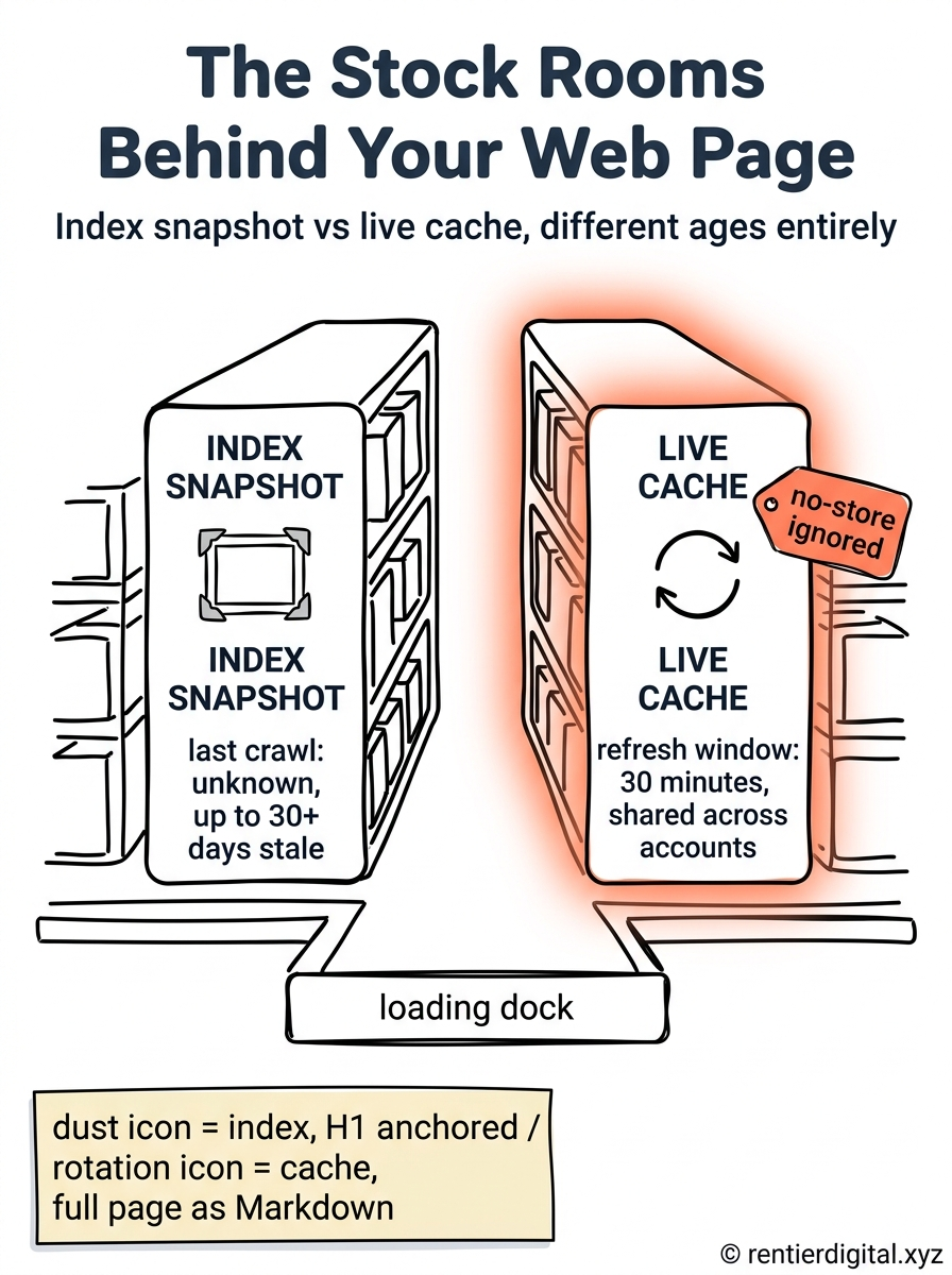 TITLE "The Stock Rooms Behind Your Web Page" + subtitle "Index snapshot vs live cache, different ages entirely". Metaphor: two adjacent warehouse aisles behind a shared loading dock, one dusty and static, one fast rotating. Style: engineer blueprint schematic, thin white line-art on dark navy background, technical callout labels, dimension lines. Palette: navy #14213D, amber #FCA311, muted red #C1121F, off white #F2F2F2, black #111111. Content: left aisle labeled INDEX SNAPSHOT with a dusty photo-frame icon and caption "last crawl: unknown, up to 30+ days stale". Right aisle labeled LIVE CACHE with a rotating-arrow icon and caption "refresh window: 30 minutes, shared across accounts". Highlight: the LIVE CACHE aisle glows amber with a small warning tag reading "no-store ignored". Legend: sticky note bottom-left reading "dust icon = index, H1 anchored / rotation icon = cache, full page as Markdown". Footer: rentierdigital.xyz, small, handwritten, bottom-right. NOT flat corporate vector, NOT generic flowchart arrows, NOT minimalist tech startup aesthetic.