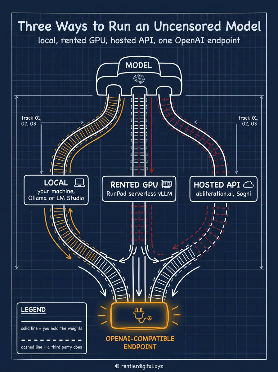 TITLE "Three Ways to Run an Uncensored Model" + subtitle "local, rented GPU, hosted API, one OpenAI endpoint". Metaphor: a railway map with 3 parallel tracks starting from a single station labeled MODEL and converging into one terminal labeled OPENAI-COMPATIBLE ENDPOINT. Style: engineer blueprint, white linework on dark navy, blueprint grid background, technical annotations. Palette: navy #14213D, amber #FCA311, muted red #C1121F, blueprint white #E8EDF2, black #000000. Content: track 1 LOCAL (your machine, Ollama or LM Studio), track 2 RENTED GPU (RunPod serverless vLLM), track 3 HOSTED API (abliteration.ai, Sogni). All 3 arrive at the same terminal. Highlight: the converging terminal glows amber, the 3 track labels in white boxes. Legend: bottom-left, "solid line = you hold the weights / dashed line = a third party does". Footer: copyright rentierdigital.xyz. NOT flat corporate vector, NOT stock infographic.