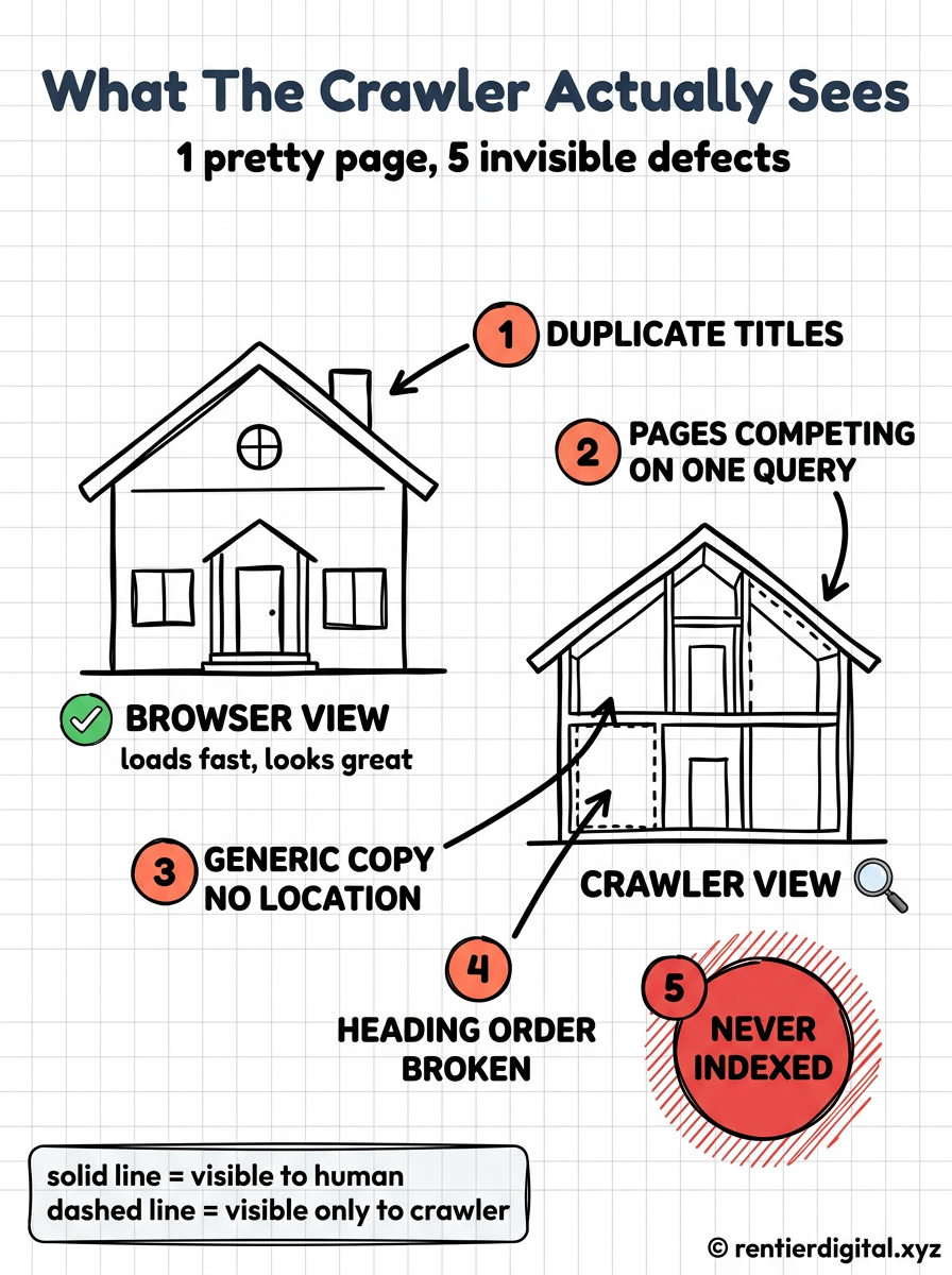 TITLE "What The Crawler Actually Sees" + subtitle "1 pretty page, 5 invisible defects". Metaphor: a house facade on the left with a clean painted front, and a cutaway cross-section on the right revealing the framing behind it, with 5 structural faults tagged like a building inspection report. Style: engineer blueprint, technical drawing on grid paper, thin precise linework, hand-lettered annotation labels and callout arrows. Palette: navy #14213D, amber #FCA311, muted red #C1121F, pale grey #E8E8E4, black #111111. Content: left half shows the rendered facade labeled BROWSER VIEW with a green tick and the caption "loads fast, looks great". Right half shows the cutaway labeled CRAWLER VIEW with 5 numbered faults tagged along the structure, 1 DUPLICATE TITLES, 2 PAGES COMPETING ON ONE QUERY, 3 GENERIC COPY NO LOCATION, 4 HEADING ORDER BROKEN, 5 NEVER INDEXED. Highlight: fault 5 NEVER INDEXED drawn twice the size of the others in muted red with a hatched danger zone around it. Legend: small taped note bottom-left, "solid line = visible to a human / dashed line = visible only to a crawler". Footer: © rentierdigital.xyz bottom-right, small, handwritten. NOT flat corporate vector, NOT minimalist tech startup aesthetic.