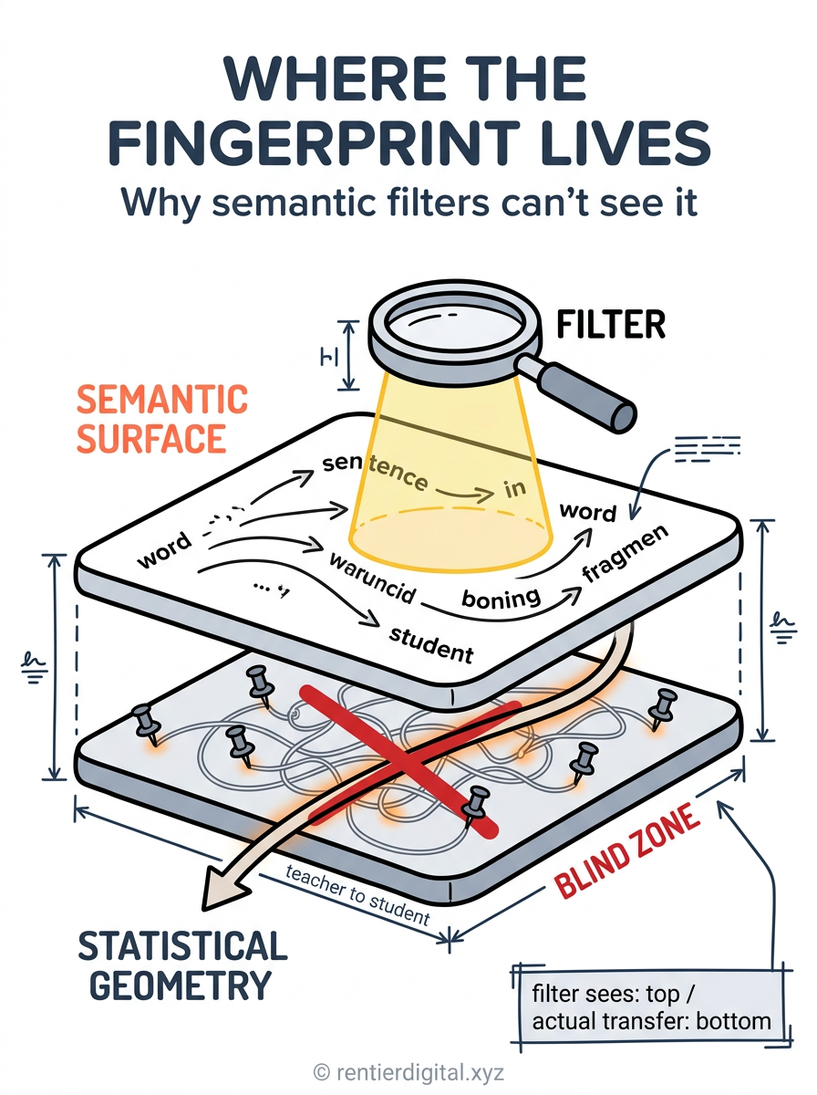 TITLE "Where The Fingerprint Lives" + subtitle "Why semantic filters can't see it". Metaphor: cross-section of a board with two clearly separated layers stacked vertically, like a sandwich diagram. Style: blueprint engineering style with technical annotations, hand-drawn arrows, measurement marks. Palette: navy blue #0B2545 background, electric yellow #FFD60A, white #FFFFFF, red accent #EF233C, light grey #ADB5BD. Content: top layer labeled "SEMANTIC SURFACE" showing words and sentence fragments flowing left to right; bottom layer labeled "STATISTICAL GEOMETRY" showing pushpins connected by tangled threads. A magnifying glass icon labeled "FILTER" hovers above the top layer with a yellow scan beam touching only the top. The bottom layer has a red X stamped over it labeled "BLIND ZONE". An arrow from teacher to student passes through the bottom layer, ignored by the filter. Highlight: the bottom layer threads pulse with electric yellow glow indicating active transfer; the red X is large and stamped, not small. Legend: technical annotation in bottom-right, "filter sees: top / actual transfer: bottom". Footer: © rentierdigital.xyz. NOT abstract gradient, NOT generic AI brain illustration.