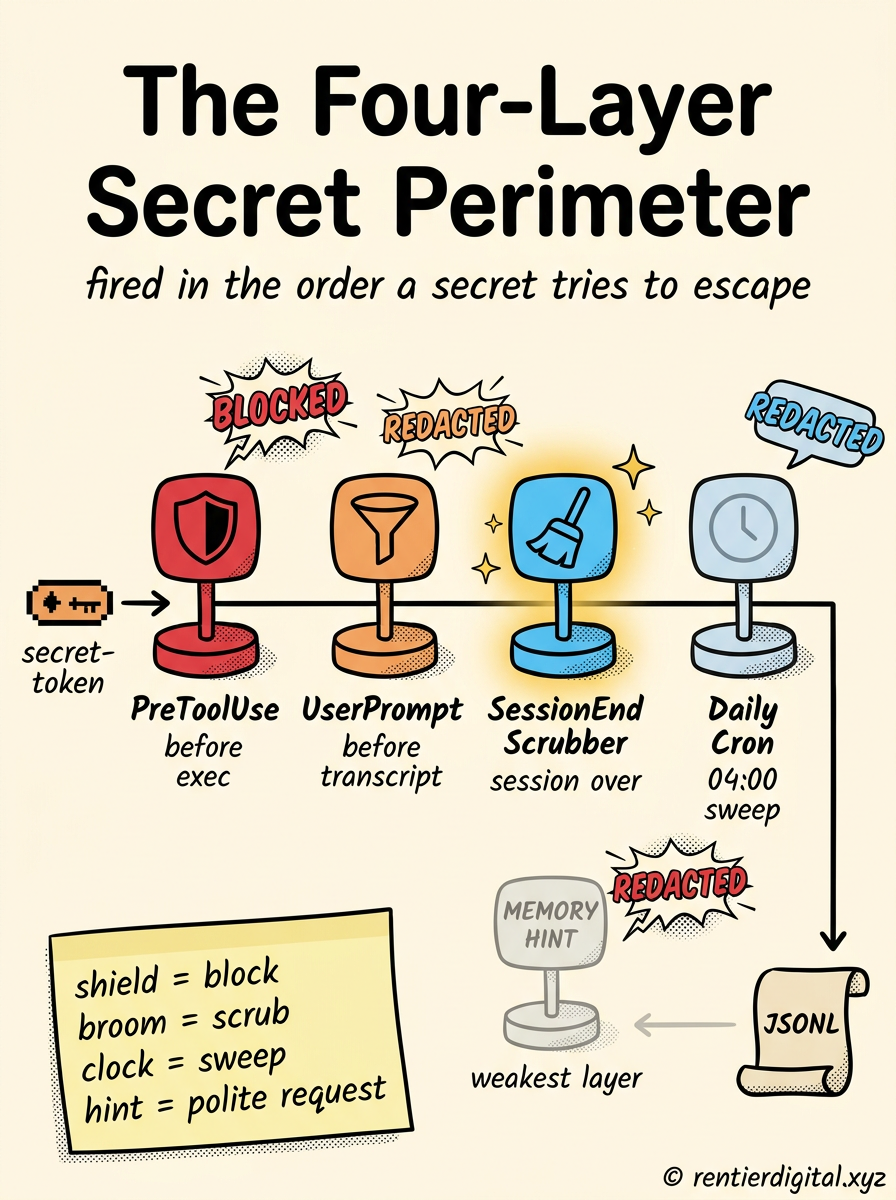 TITRE "The Four-Layer Secret Perimeter" + sous-titre "fired in the order a secret tries to escape". Metaphore : timeline horizontale type tower defense ou checkpoints arcade, un secret-token (sprite pixel) traverse de gauche a droite et tente de rejoindre le JSONL grave en bas-droite (icone parchemin). Quatre stations etagees le long du parcours : Station 1 PreToolUse (icone bouclier rouge, "before exec"), Station 2 UserPromptSubmit (icone filtre orange, "before transcript"), Station 3 SessionEnd Scrubber (icone balai bleu, "session over"), Station 4 Daily Cron (icone horloge bleu pale, "04:00 sweep"). Style : cartoon 80's-90's arcade UI mixed with Hanna-Barbera linework, halftone dots, formes rebondies, trait noir epais. Palette : alarm red #E63946, amber #F4A261, sky blue #4FC3F7, cream #FFF8E7, black #111111. Contenu : sprite-token tente de passer chaque station, des marqueurs "BLOCKED" / "REDACTED" en pop-up cartoon (style "POW!"). Une derniere station "MEMORY HINT" en gris pale, hors-perimetre, etiquetee "weakest layer". Highlight : Station 3 SessionEnd avec glow dore et sparkle stars autour (c'est la couche qui attrape le plus). Legende : sticky note bas-gauche, "shield = block / broom = scrub / clock = sweep / hint = polite request". Footer : © rentierdigital.xyz en bas-droite, ecriture main, petit. NOT flat corporate vector, NOT minimalist tech aesthetic, NOT generic flowchart.