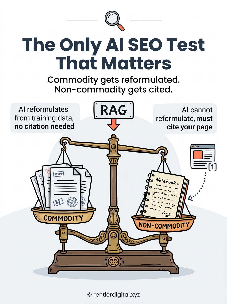 TITRE "The Only AI SEO Test That Matters" + sous-titre "Commodity gets reformulated. Non-commodity gets cited.". Metaphore : balance d'apothicaire ancienne, plateau gauche "COMMODITY" rempli de papiers identiques estampillés generic, plateau droit "NON-COMMODITY" avec un seul carnet manuscrit lourd qui fait pencher le plateau. Style : gravure botanique 19eme siecle revisitee en flat colors, trait fin noir, hachures subtiles. Palette : ink black #1A1A1A, parchment cream #F5EDD8, alert red #C8342B, sage green #6B8E5A, brass gold #B8860B. Contenu : pancarte "RAG" au-dessus de la balance, panneau gauche "AI reformulates from training data, no citation needed" en petites caps, panneau droit "AI cannot reformulate, must cite your page". Flèche pointillée du plateau droit vers une mini-page web avec "[1