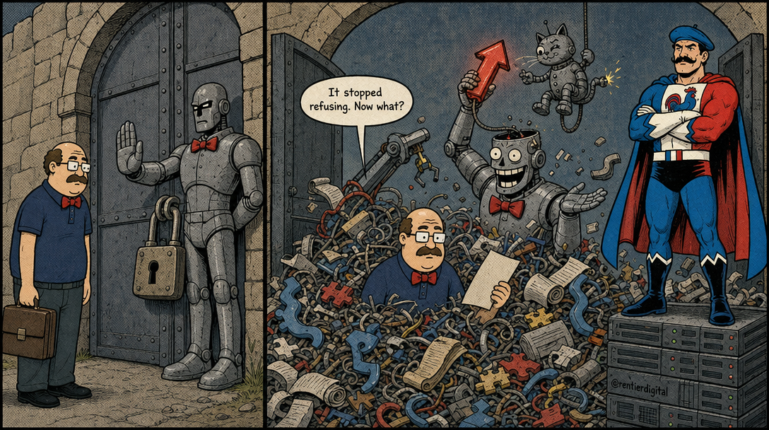 90s comic: censored AI blocks office worker; uncensored AI buries worker in chaos as superhero calmly succeeds