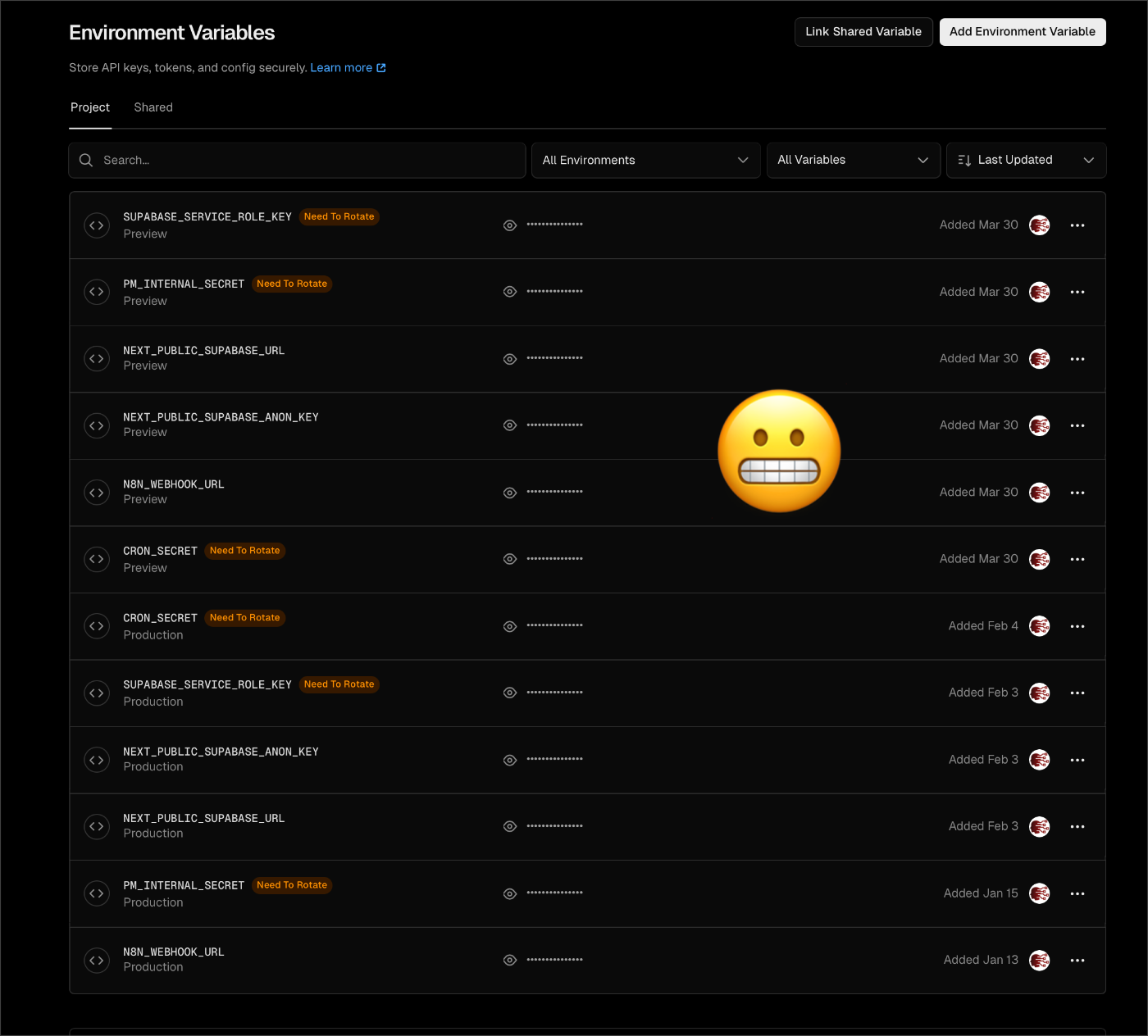 Vercel environment variables dashboard showing six orange rotation badges for compromised secrets including JWT and OAuth tok