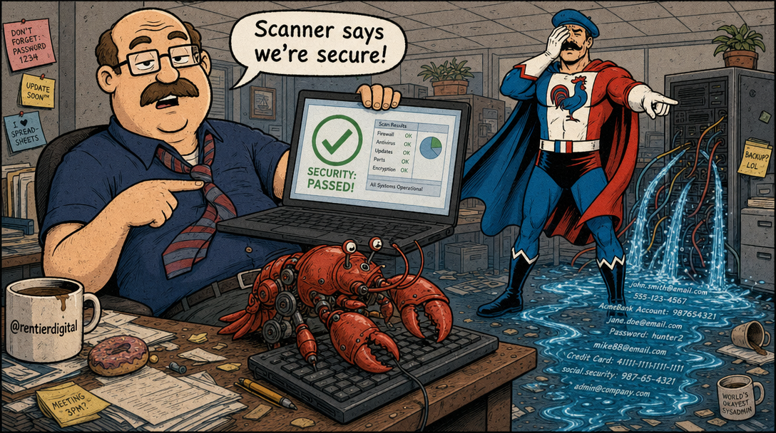 Office worker at cluttered desk showing passed security dashboard while data visibly leaks from cables as glowing puddles, with skeptical superhero in background and mechanical lobster on keyboard