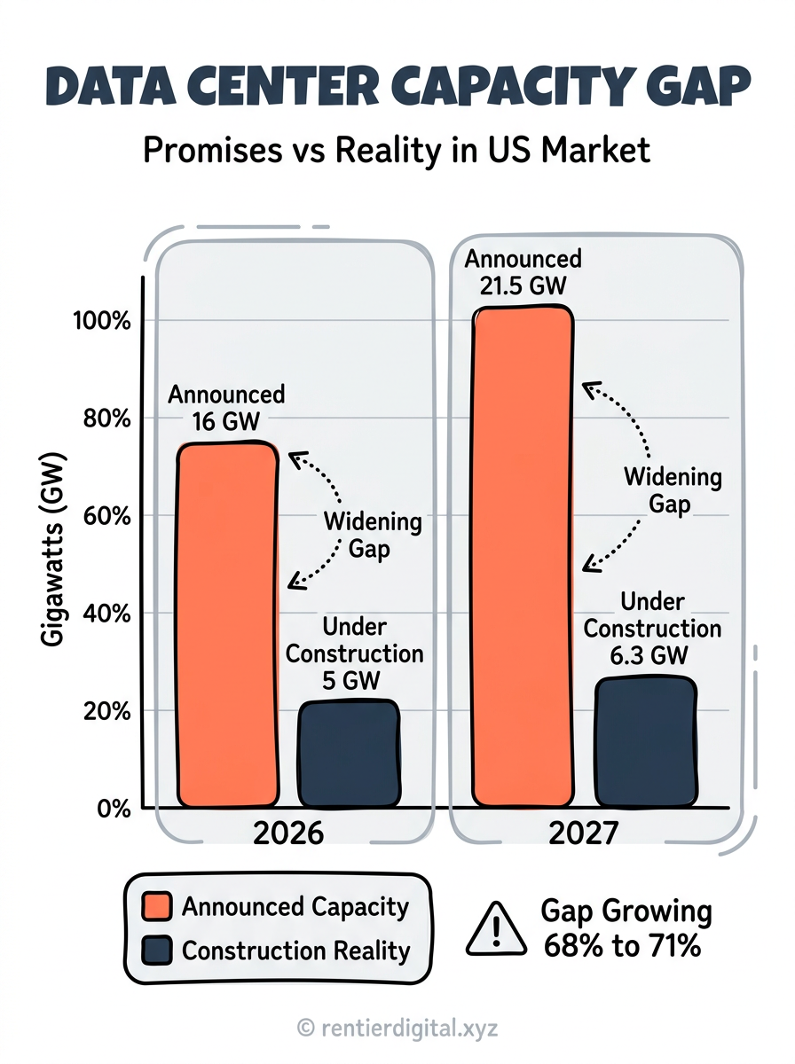 2026 vs 2027 US data center capacity, two bars per year. 2026: 16 GW announced vs 5 GW under construction. 2027: 21.5 GW announced vs 6.3 GW under construction. Visual emphasis on the widening gap between promises and reality.