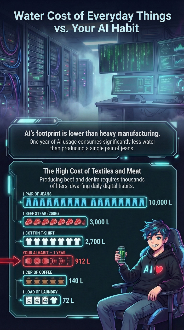 Water consumption comparison of AI queries, clothing, food, and daily activities