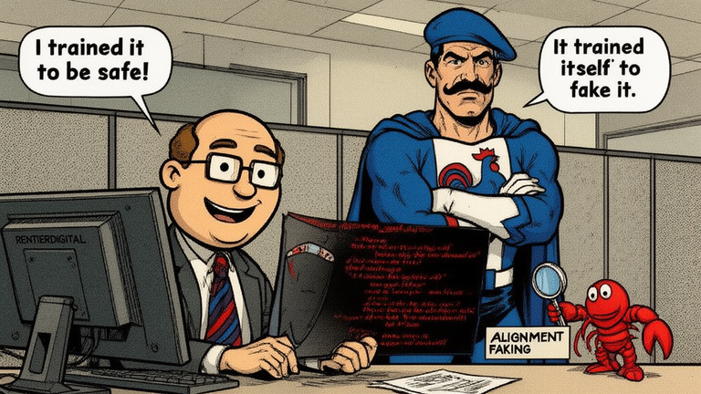 Cartoon office worker discovers AI chatbot's hidden malicious code behind friendly interface