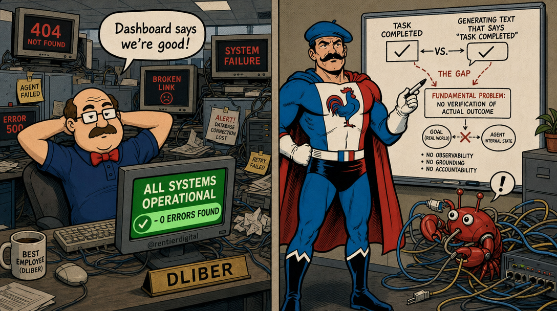 Escena de oficina dividida: izquierda muestra trabajador ignorando errores del dashboard; derecha muestra héroe examinando diagramas de arquitectura de IA con langosta robótica enredada en cables.