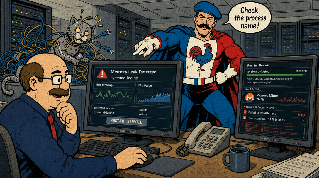 Office worker misreading monitoring dashboard while caped figure points out hidden crypto mining process on second screen