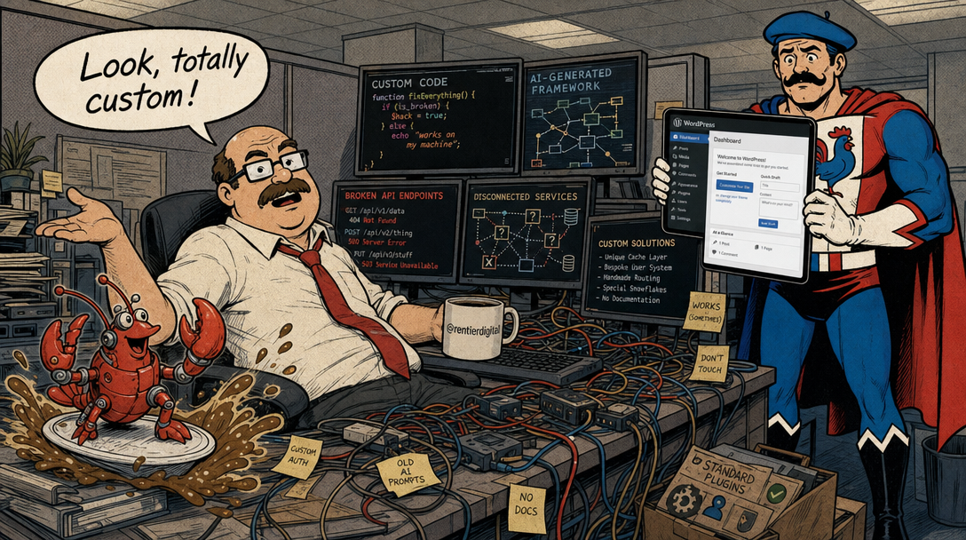 Office worker surrounded by tangled code and AI frameworks at desk while caped hero holds WordPress dashboard tablet, with mechanical lobster surfing coffee mug.