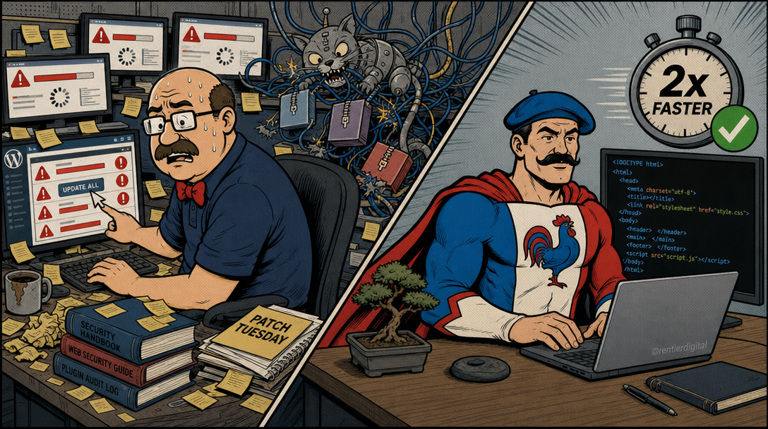 Office worker frantically patching WordPress with error messages versus developer confidently coding static HTML on clean monitor
